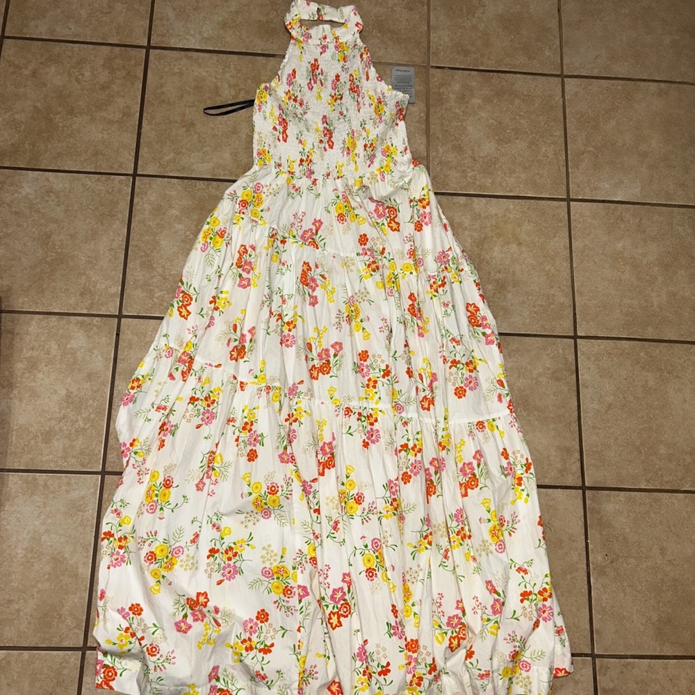S/W/F Shirred Floral Print Halter Sleeveless Tiered Garden Party Maxi Dress M